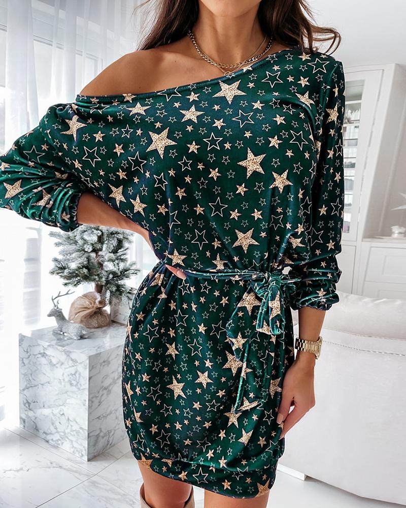 

Star Print Long Sleeve Casual Dress, Dark green