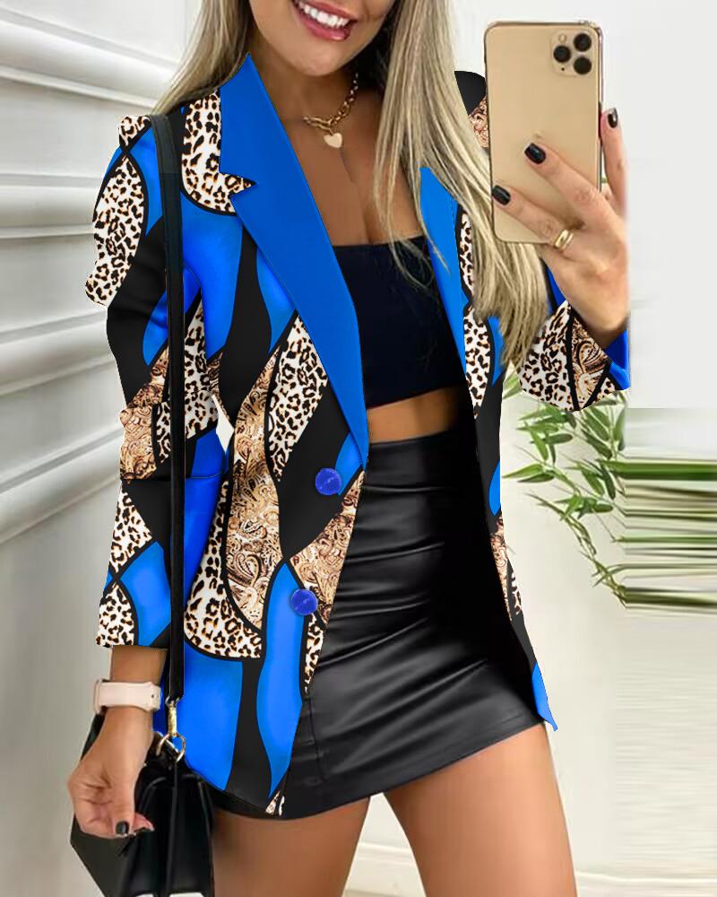 

Baroque Leopard Print Buttoned Blazer Coat, Blue