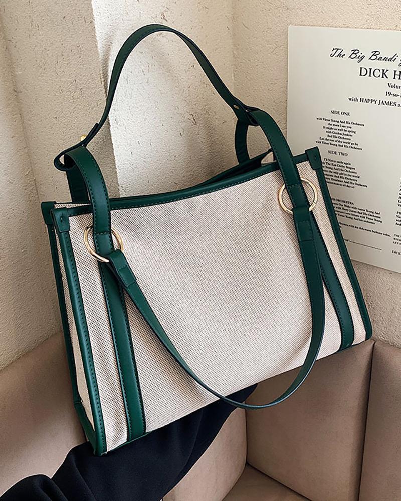 

Contrast Paneled Canvas Tote Bag, Green