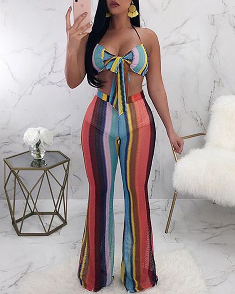 

Color Block Lace-up Bow Halter Sleeveless Cropped Top And Pant Suit Sets, Multicolor