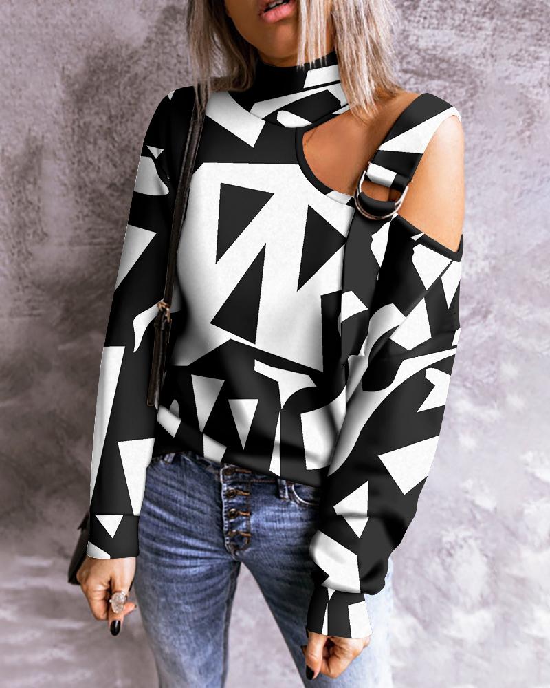 

Colorblock Cutout Buckle One Shoulder Tee, Black&white