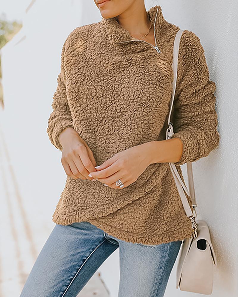 

Long Sleeve Zipper Design High Neck Fluffy Sweatshirt, Khaki