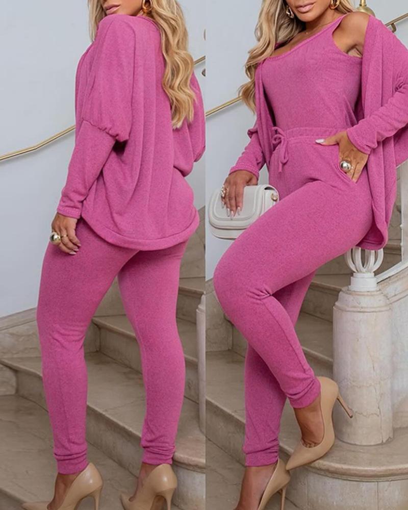 

U-Neck Tank Top & Pocket Design Pants Set With Batwing Sleeve Coat, Hot pink