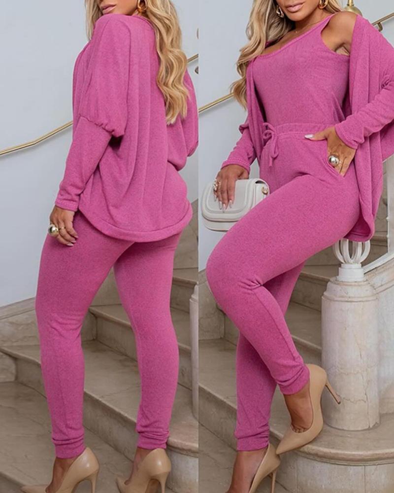 

Conjunto de camiseta sin mangas con cuello en U y pantalones con diseño de bolsillo y abrigo con manga de murciélago, Hot pink