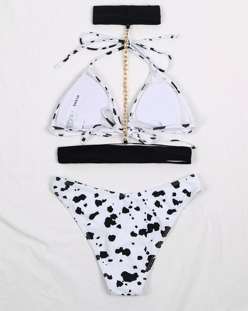 

3PCS Cow Print Bikini Set With Halter Body Chain, White