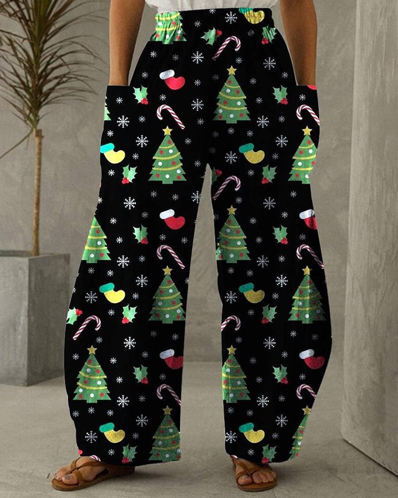 

Christmas Tree Candy Print Pocket Design Wide Leg Pants, Black