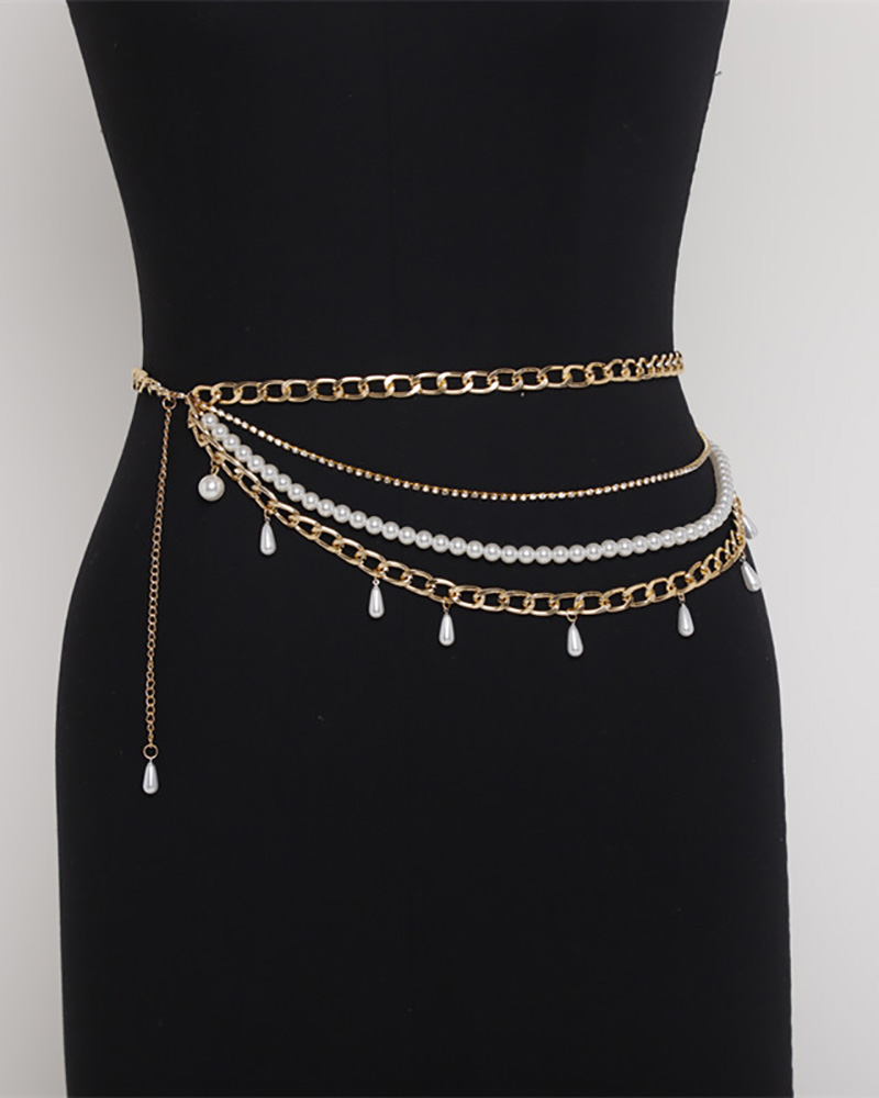 

Beaded Decor Layered Waist Chian, Gold