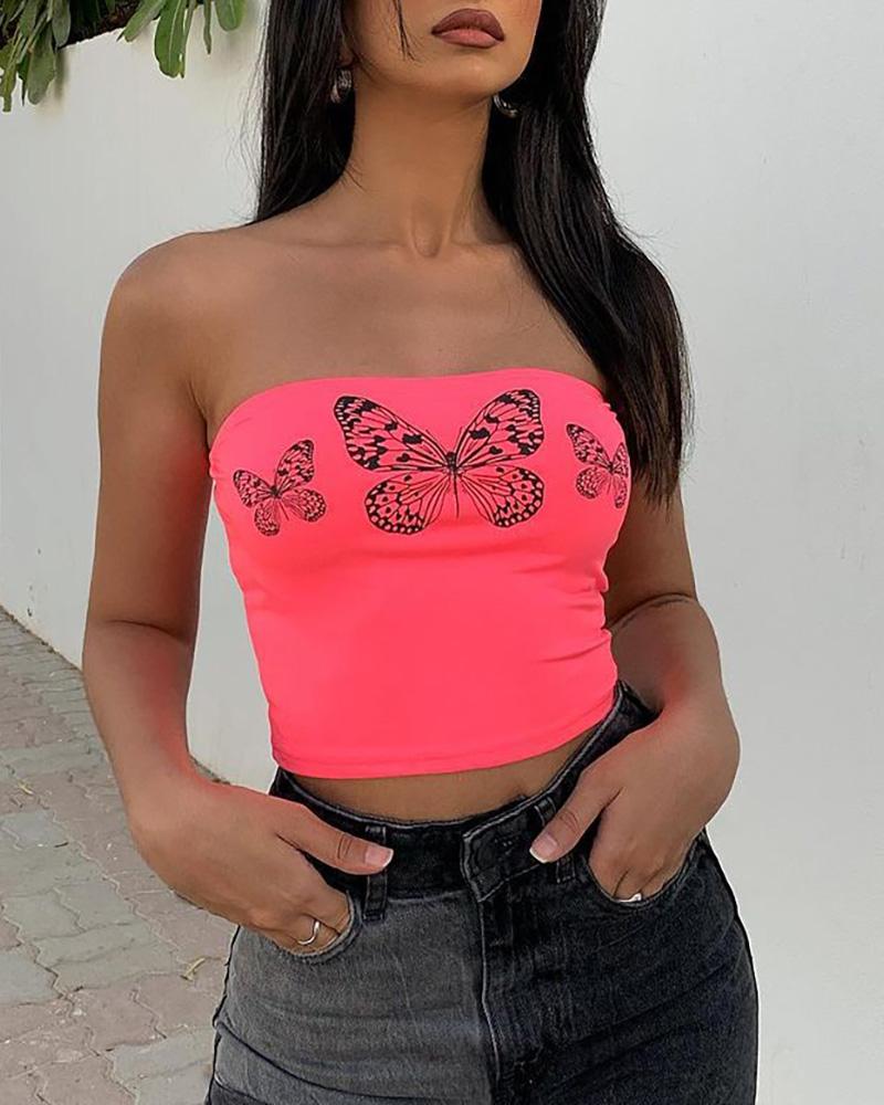

Butterfly Print Sleeveless Bandeau Crop Top, Hot pink