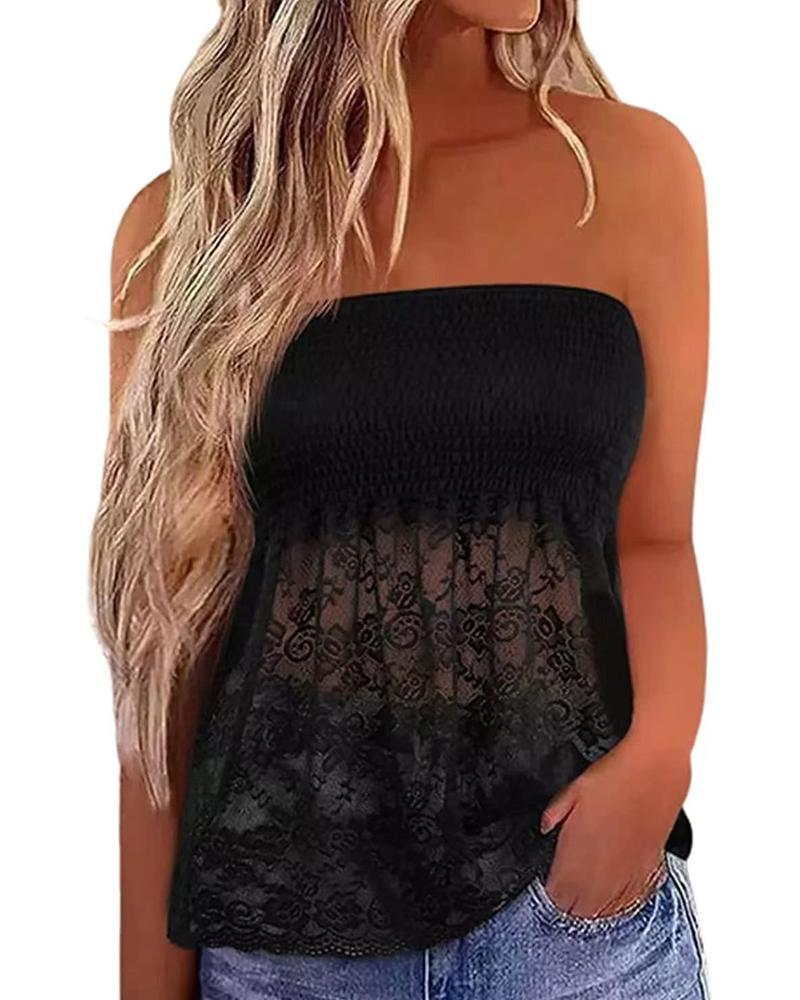 

Shirred Crochet Lace Patch Tank Top, Black