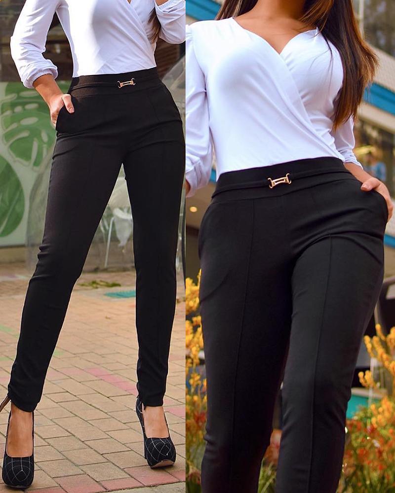 

High Waist Pocket Design Work Pants, Black