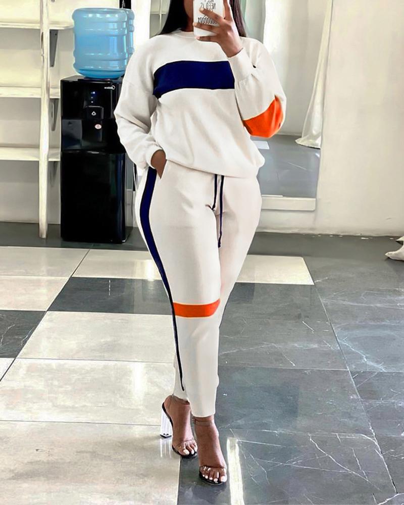 

Plus Size Colorblock Long Sleeve Casual Top & Pants Set, White