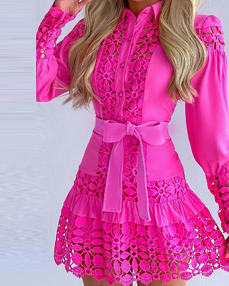 

Puff Lantern Sleeve Lace Patch Shirt Dress, Hot pink