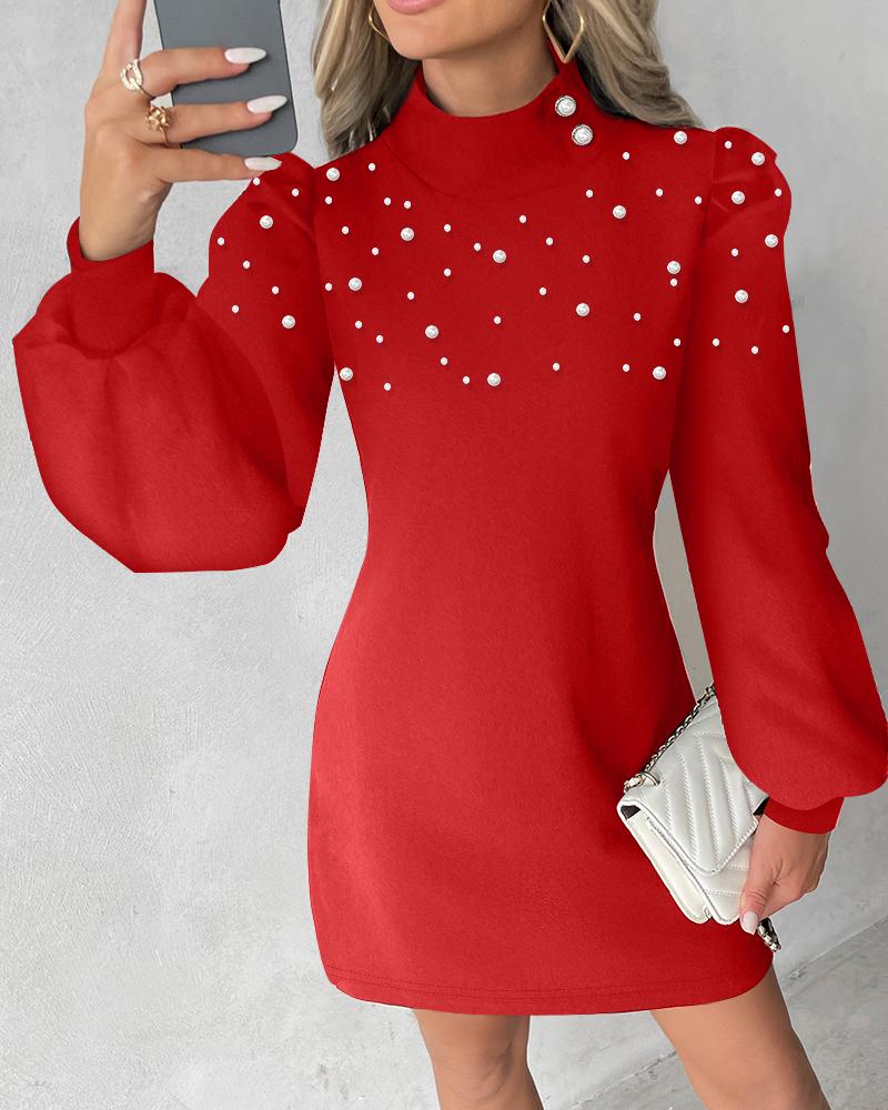 

Pearls Studded Lantern Sleeve Casual Dress, Red