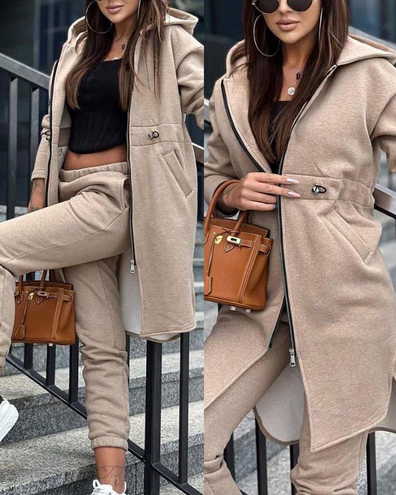 

Zipper Design Longline Hooded Coat & Cuffed Pants Set, Apricot