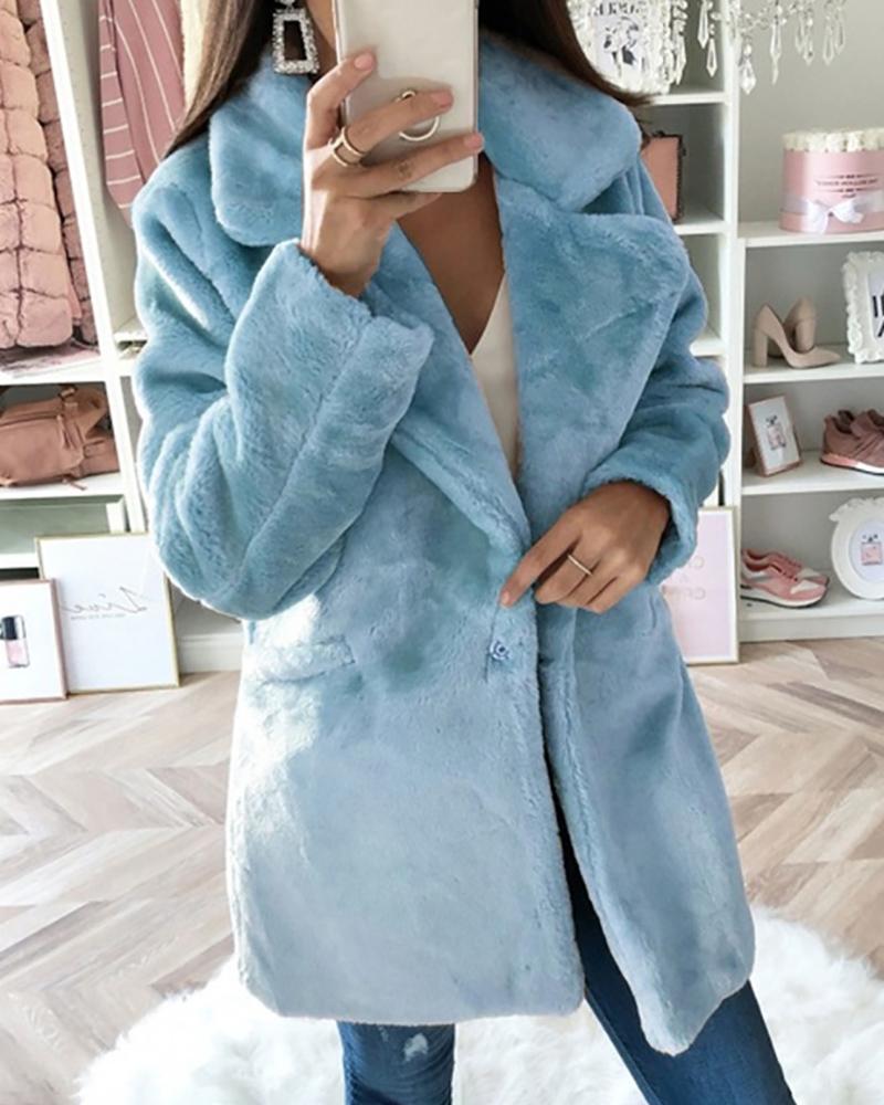 

Long Sleeve Pocket Design Faux Fur Coat, Blue