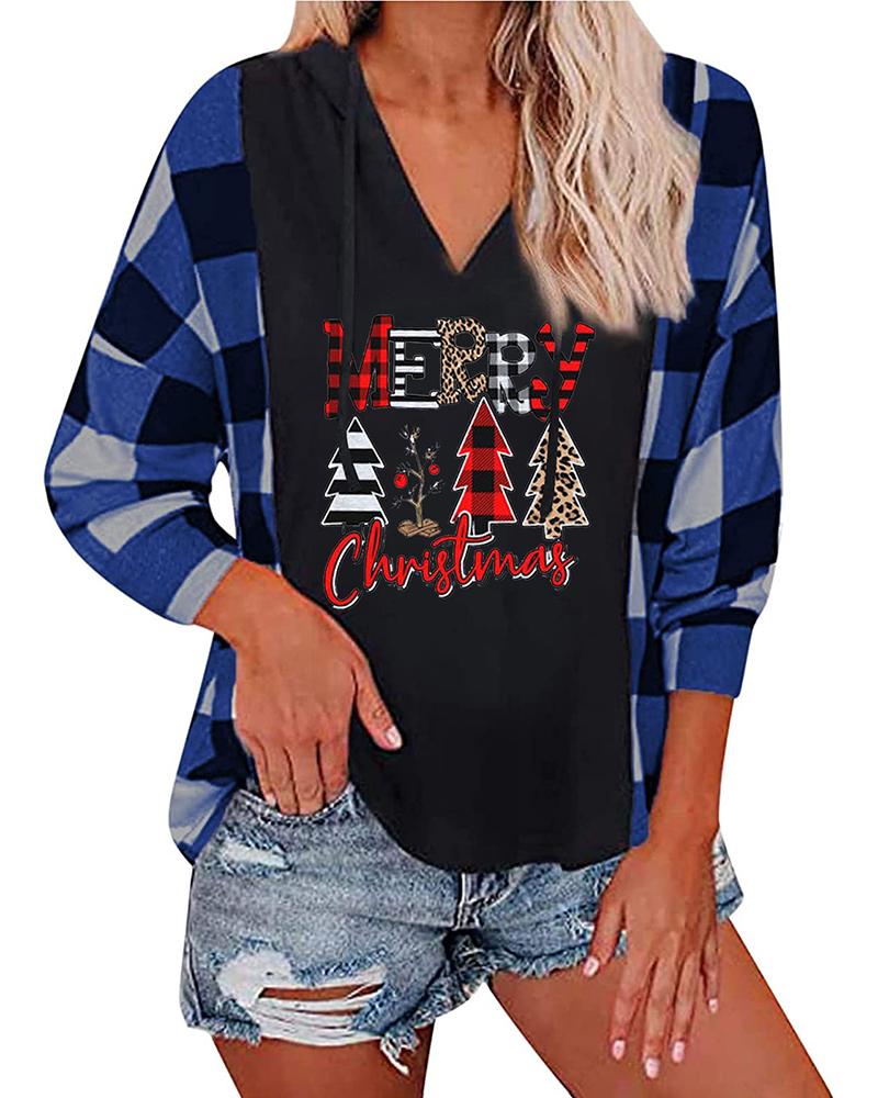 

Christmas Plaid Letter Plants Print Hooded Top, Blue