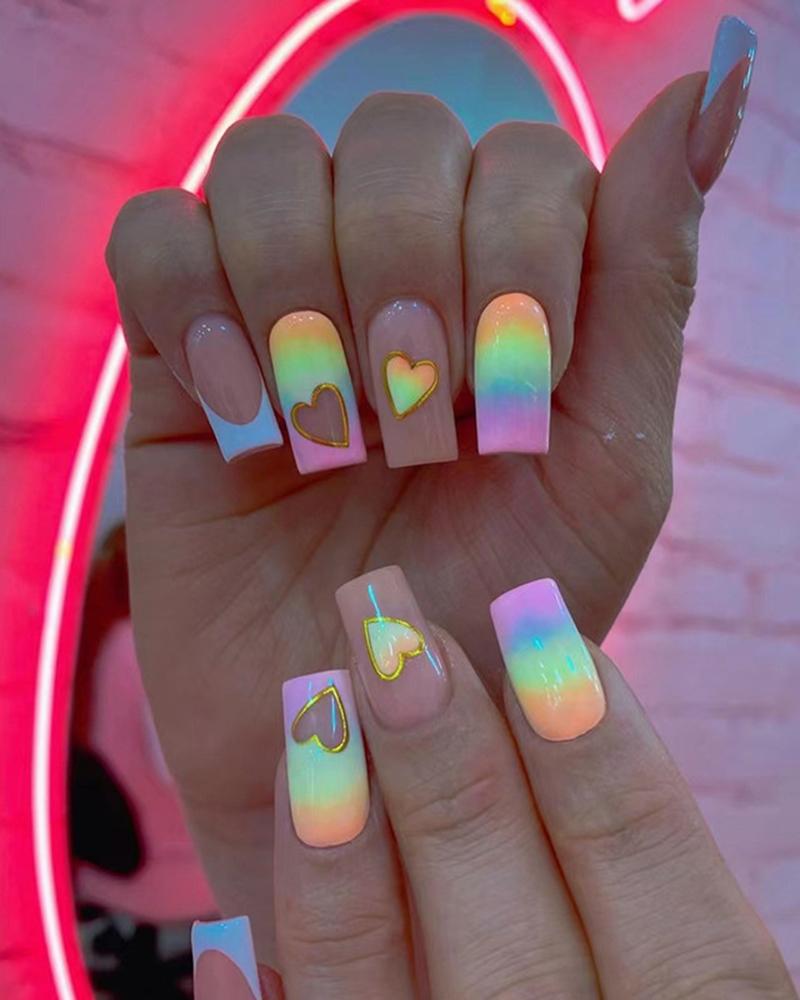 

24pcs Rainbow Ombre Heart Glossy Press On Fake Coffin Nails Set, Multicolor