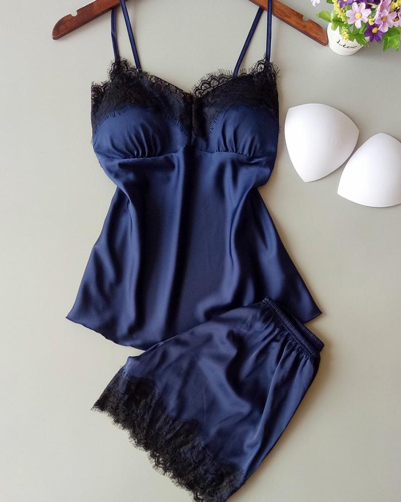 

Spaghetti Strap Eyelash Lace Insert Satin Cami Set, Dark blue
