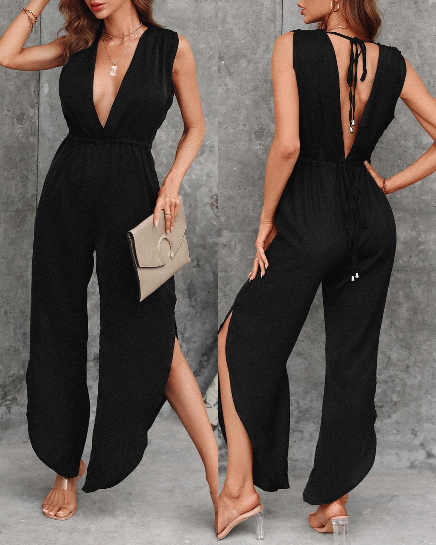 

Plunge Plain High Slit Wide Leg Jumpsuit, Black