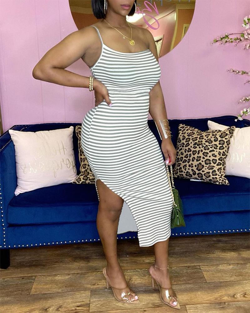 

Striped U-Neck High Maxi Dress, Gray