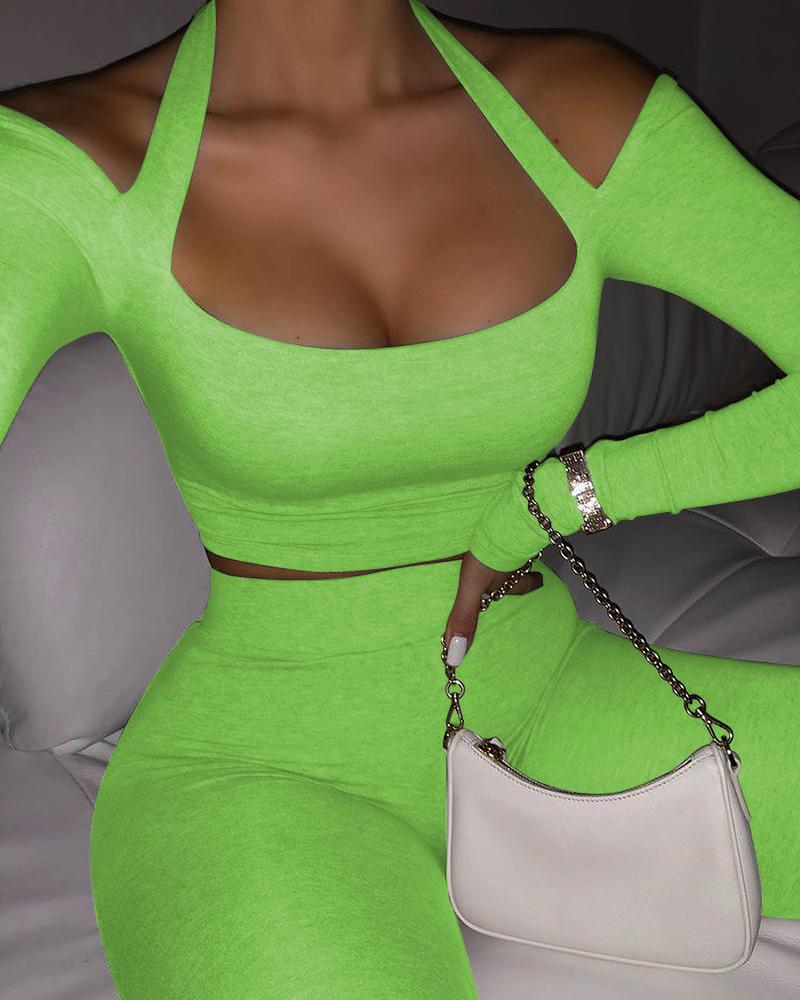 

Halter Cold Shoulder Top & High Waist Pants Set, Green