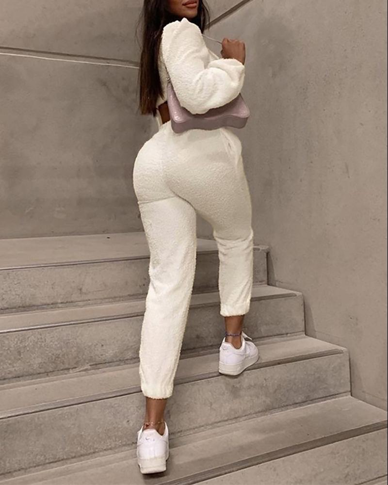 

Long Sleeve Fluffy Top & Drawstring Pants Set, Apricot