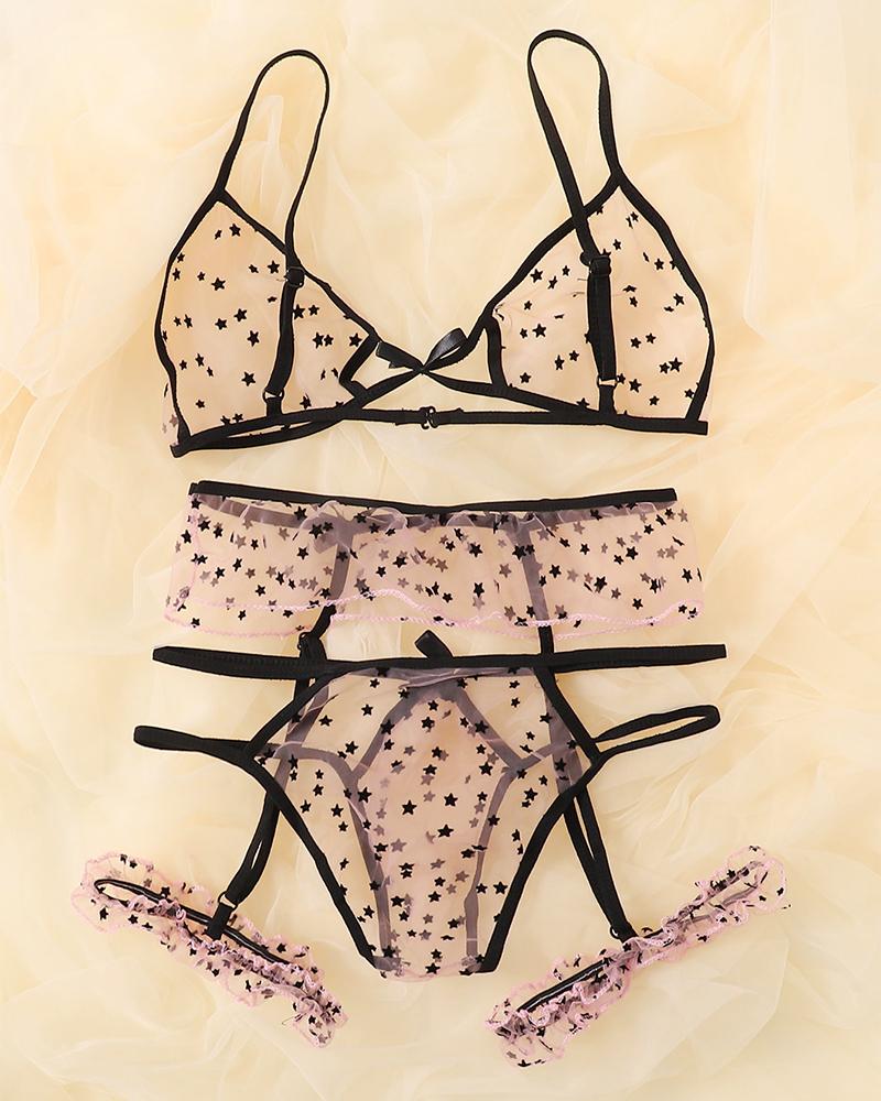 

Star Print Sheer Mesh Lingerie Set, Apricot