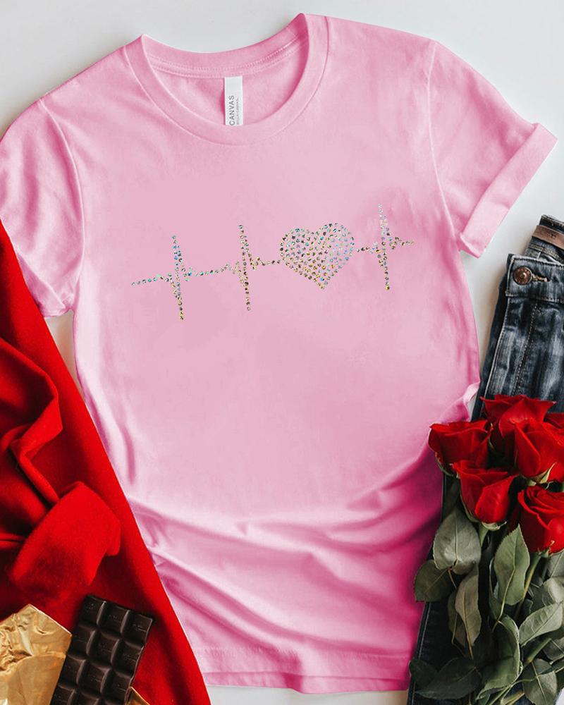 

Valentine' Day Rhinestone Heart Pattern Print T-shirt, Pink