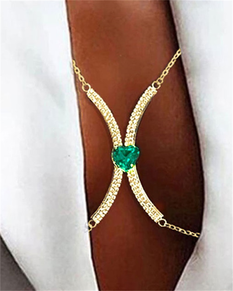 

1pc Rhinestone Heart Decor X-Shaped Body Chain, Green