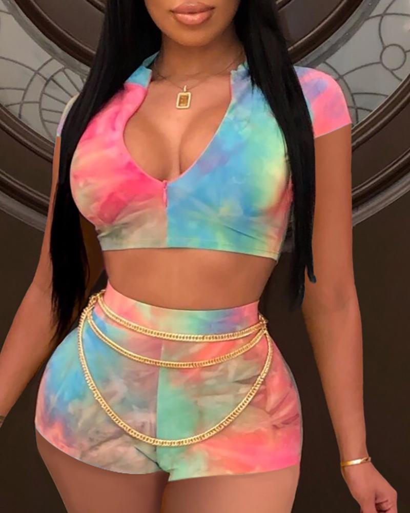 

Tie Dye Print Zipper Crop Top & Short Sets, Multicolor