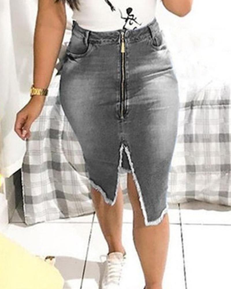 

Fringe Hem Zip Front Slit Denim Skirt, Gray