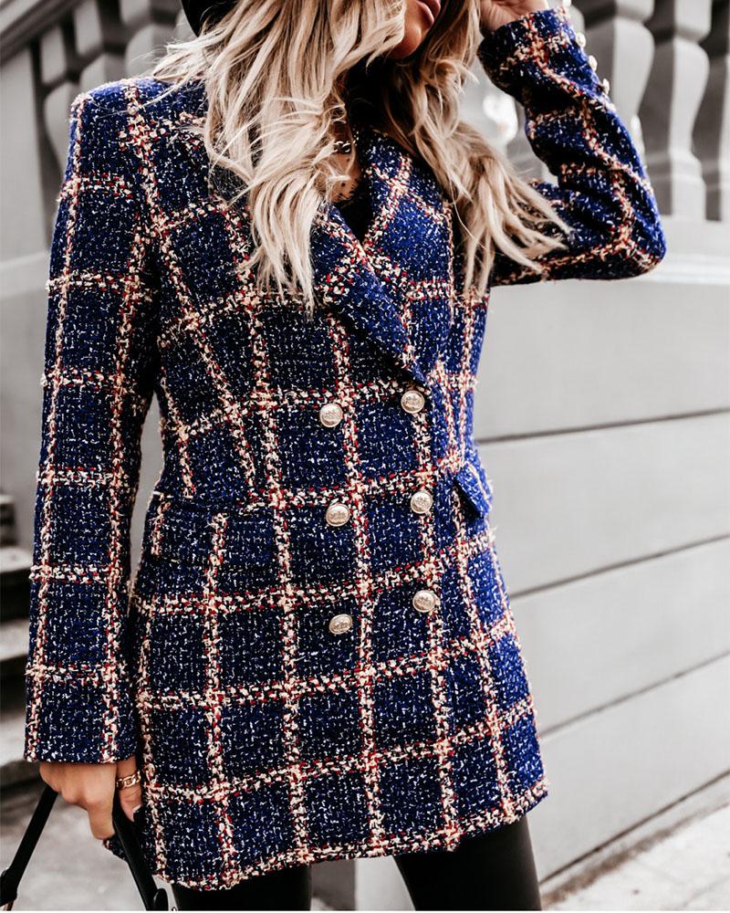 

Tweed Plaid Print Double Breasted Blazer Coat, Blue