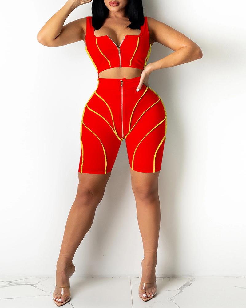 

Zip Front Contrast Piping Crop Top & Shorts Sets, Red