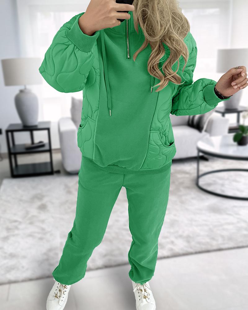 

Pullover Hooded Puffer Coat & Cuffed Pants Set, Green