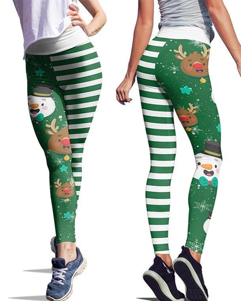 

Christmas Striped Elk Print High Waist Leggings, Green