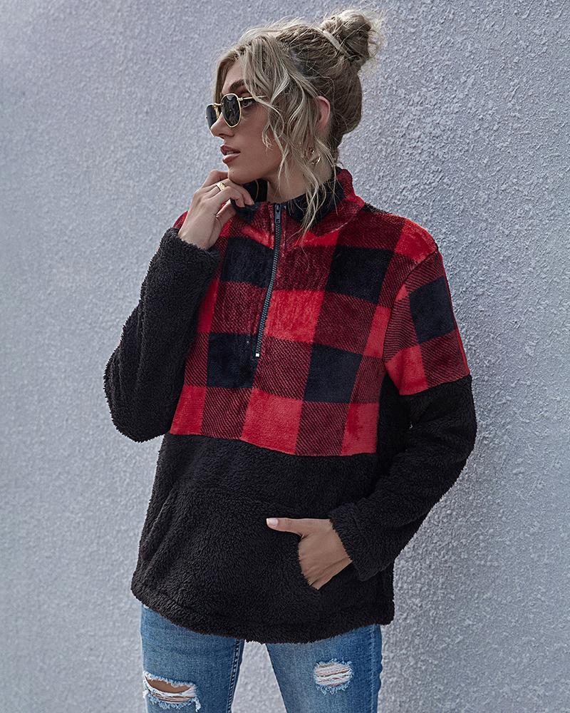 

Plaid Colorblock Zipper Design Teddy Top, Red