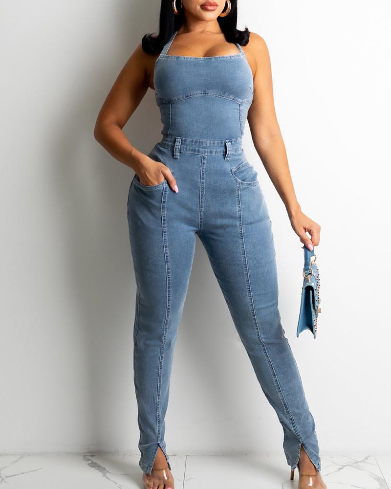 

Lace Up Backless Pocket Design Denim Jumpsuit, Blue