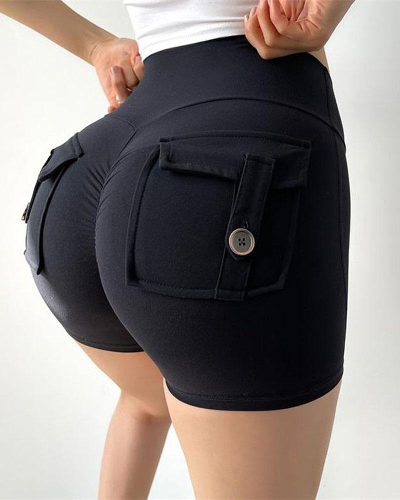 

Pocket Detail High Waist Scrunch Butt Active Shorts, Black