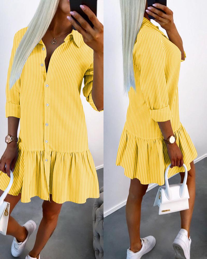 

Striped Ruffle Hem Buttoned Shirt Dress, Yellow