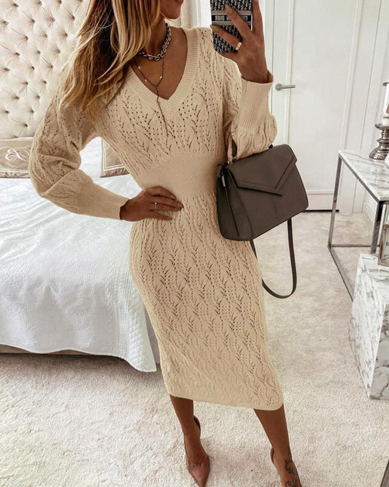 

Long Sleeve Hollow Out Cable Knit Sweater Dress, Coffee