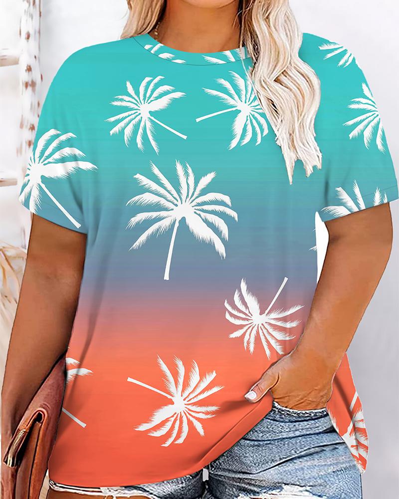 Camiseta casual Ombre con estampado de árbol de coco de talla grande