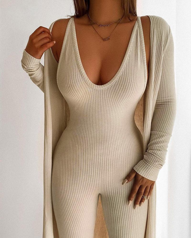 

Ribbed Sleeveless Skinny Jumpsuit With Longline Cardigan, Apricot