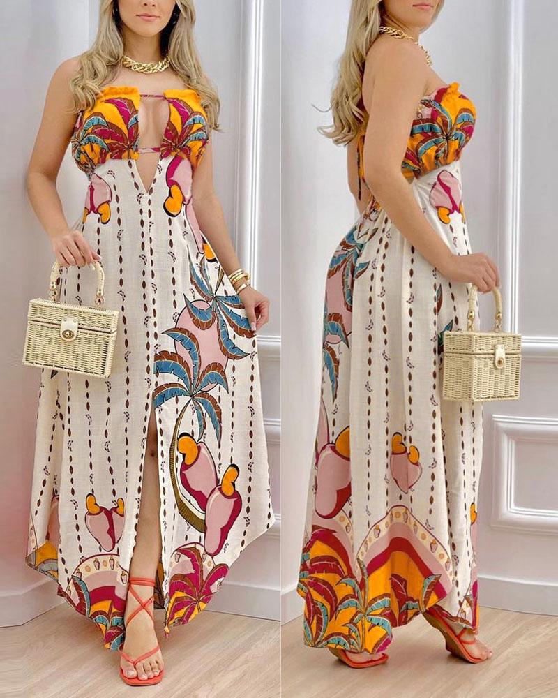 

Tropical Print Tied Detail Bandeau Maxi Dress, Apricot