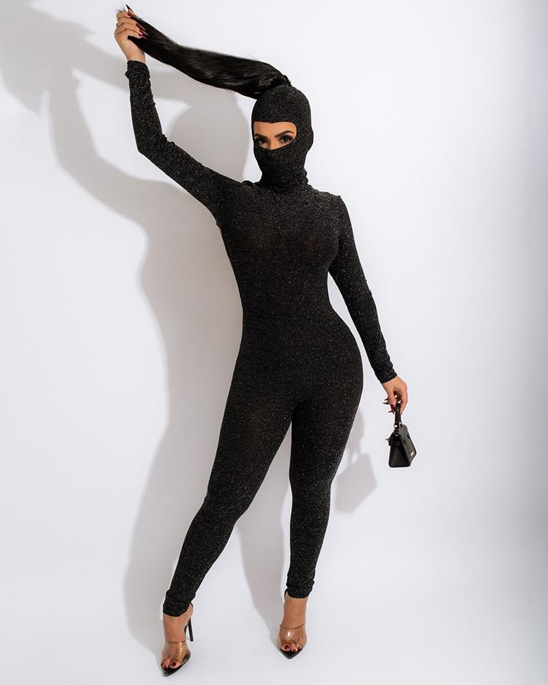 

High Neck Backless Long Sleeve Rhinestone Jumpsuit, Black