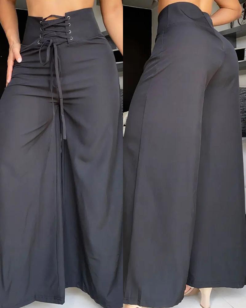 

Lace-up Eyelet Wide Leg Bootcut Pants, Black