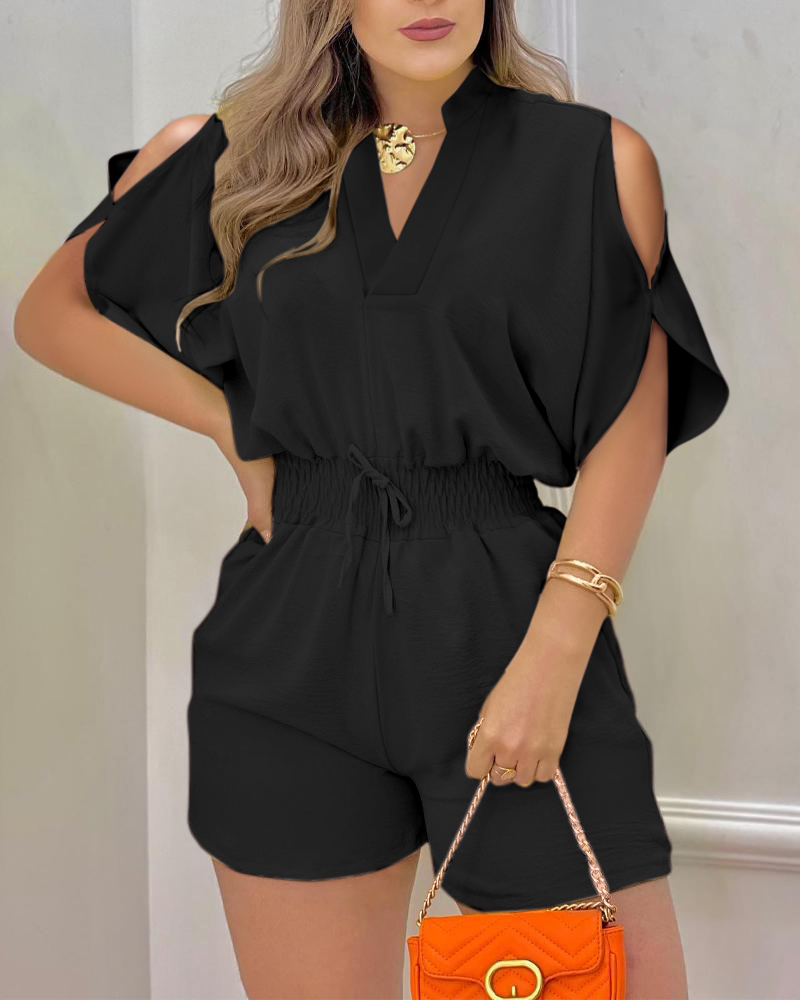 

Cold Shoulder Drawstring Shirred Romper, Black