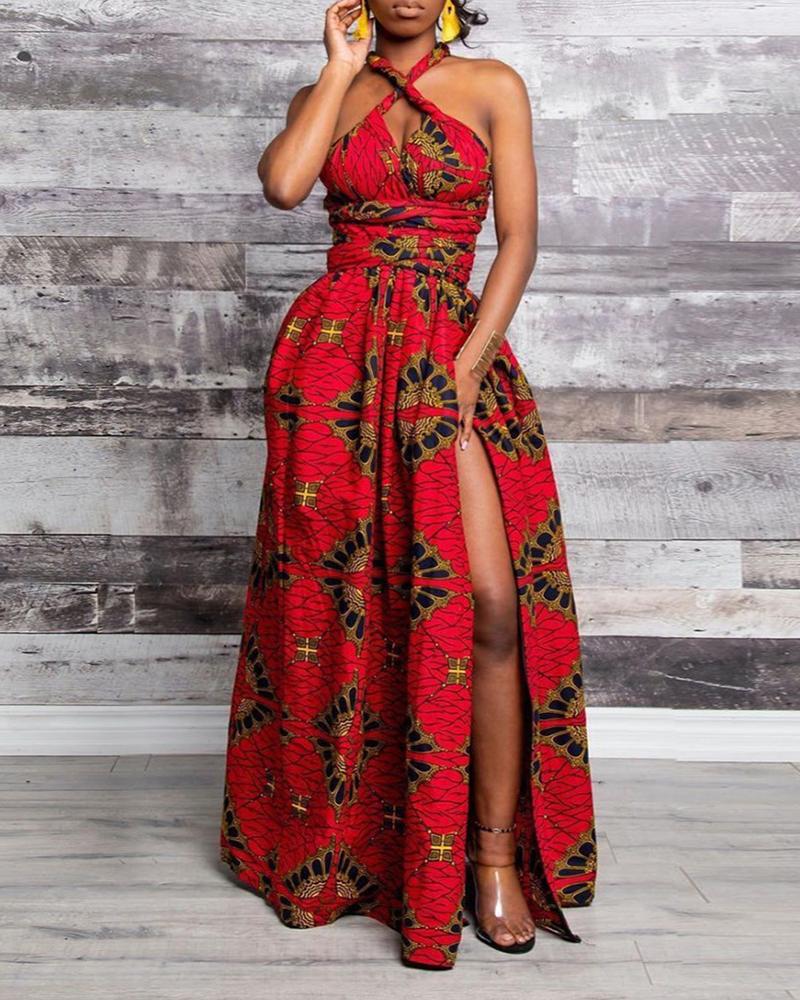 

Print Crisscross Halter High Slit Maxi Women Dress, Red