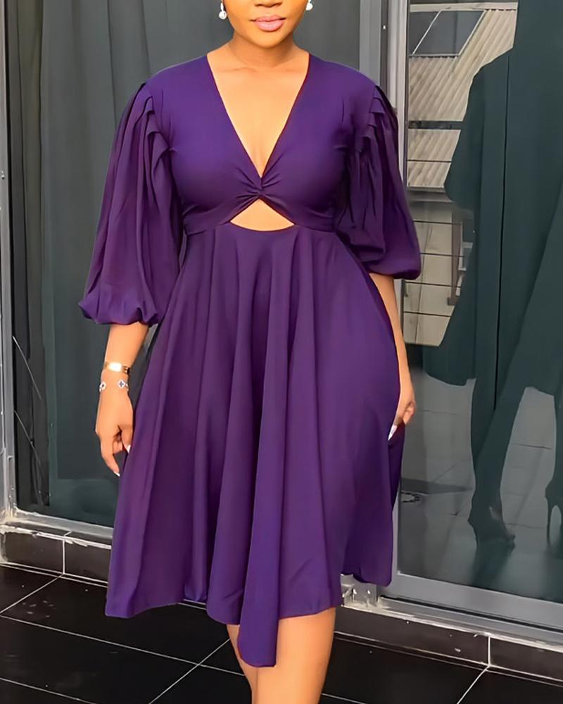 

Twisted Cutout Lantern Sleeve Ruched Casual Dress, Purple