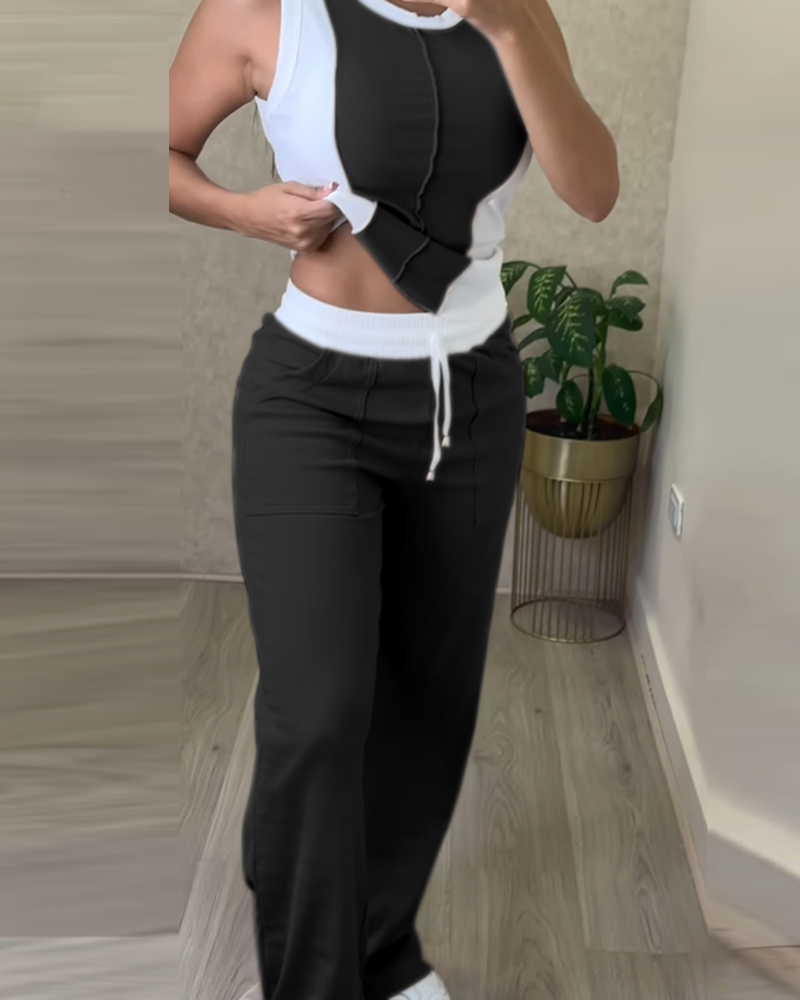 

2 Piece Loungewear Set Colorblock Tank Top and Straight Leg Pocket Design Pants Tracksuit Casual Outfits, Black