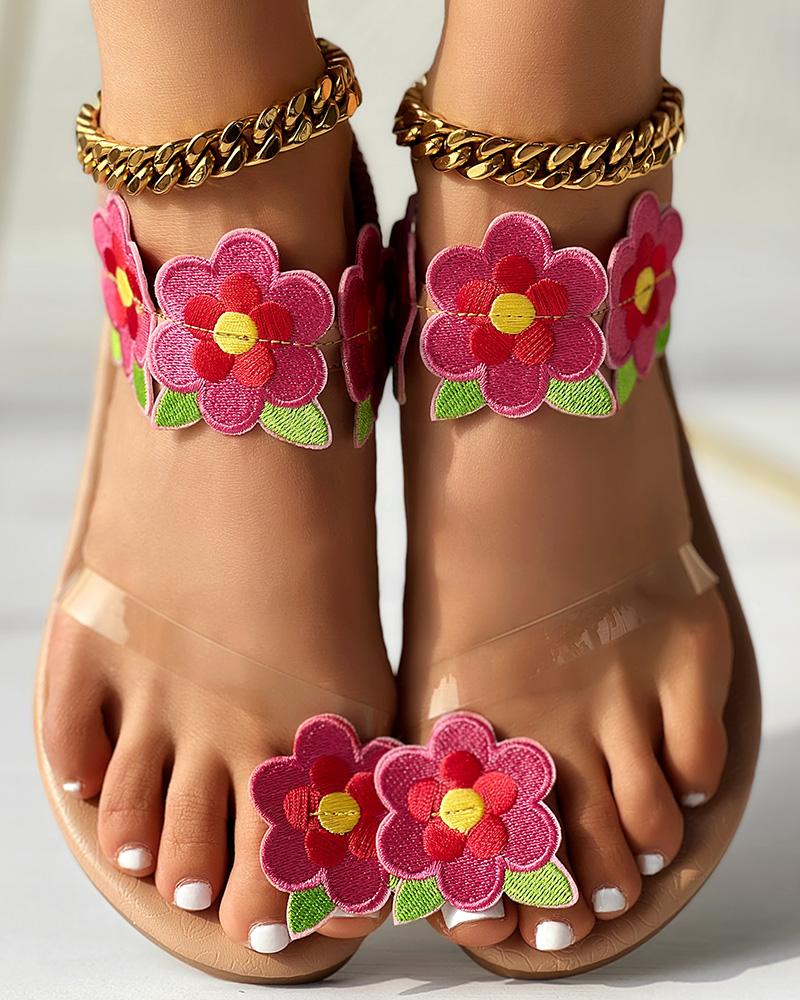 

Star Sunflower Floral Pattern Toe Post Sandals, Pink